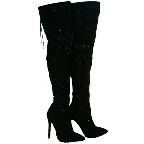 C - BELLA LUNA 7.5 BLACK RHINESTONE SPARKLY BOOTS OTK holiday party womens - Picture 1 of 11